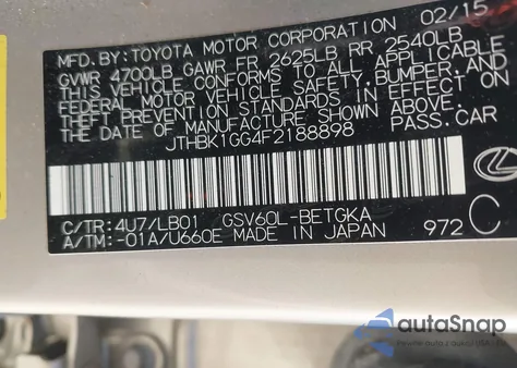 2015 Lexus Es 350 z USA, uszkodzony, nr VIN JTHBK1GG4F2188898